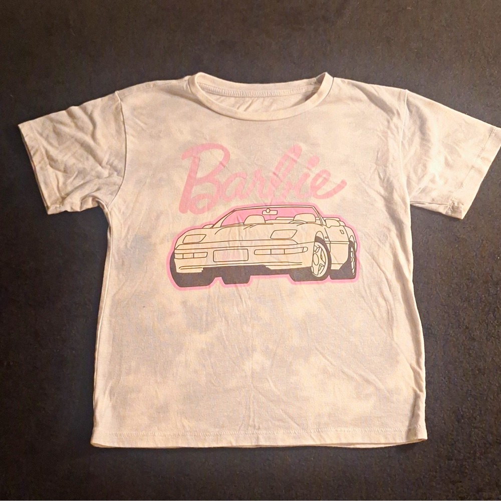 Barbie Girls L White Pink Car Logo Graphic Print Crew Neck T-Shirt Tagless